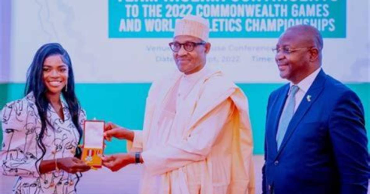 President Buhari Presents National Award to Tobi Amusan